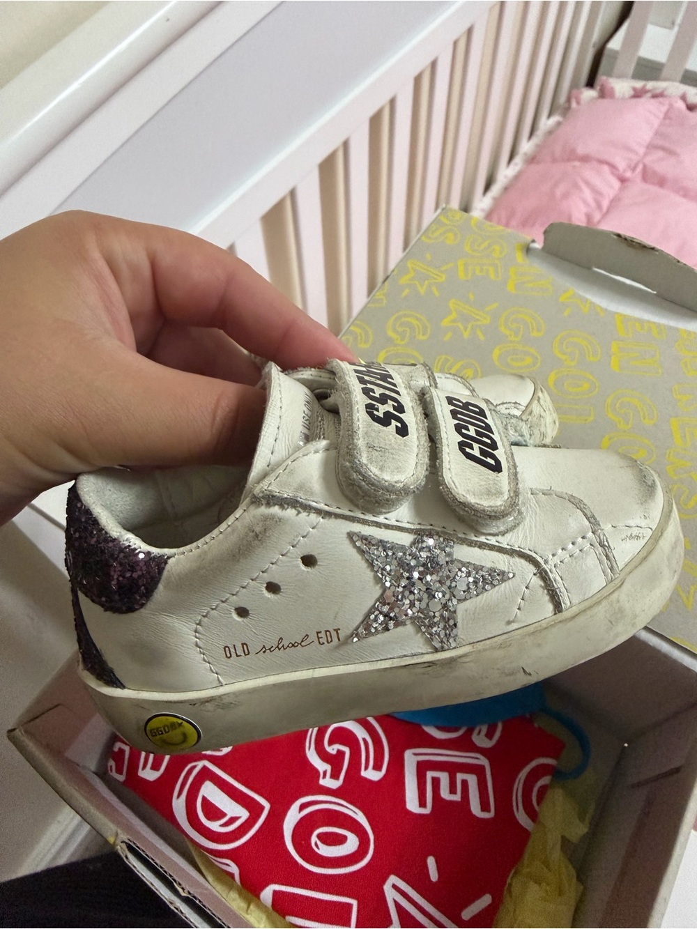 Golden Goose Kids White Sneaker with Silver Glitter Star and Purple Heel